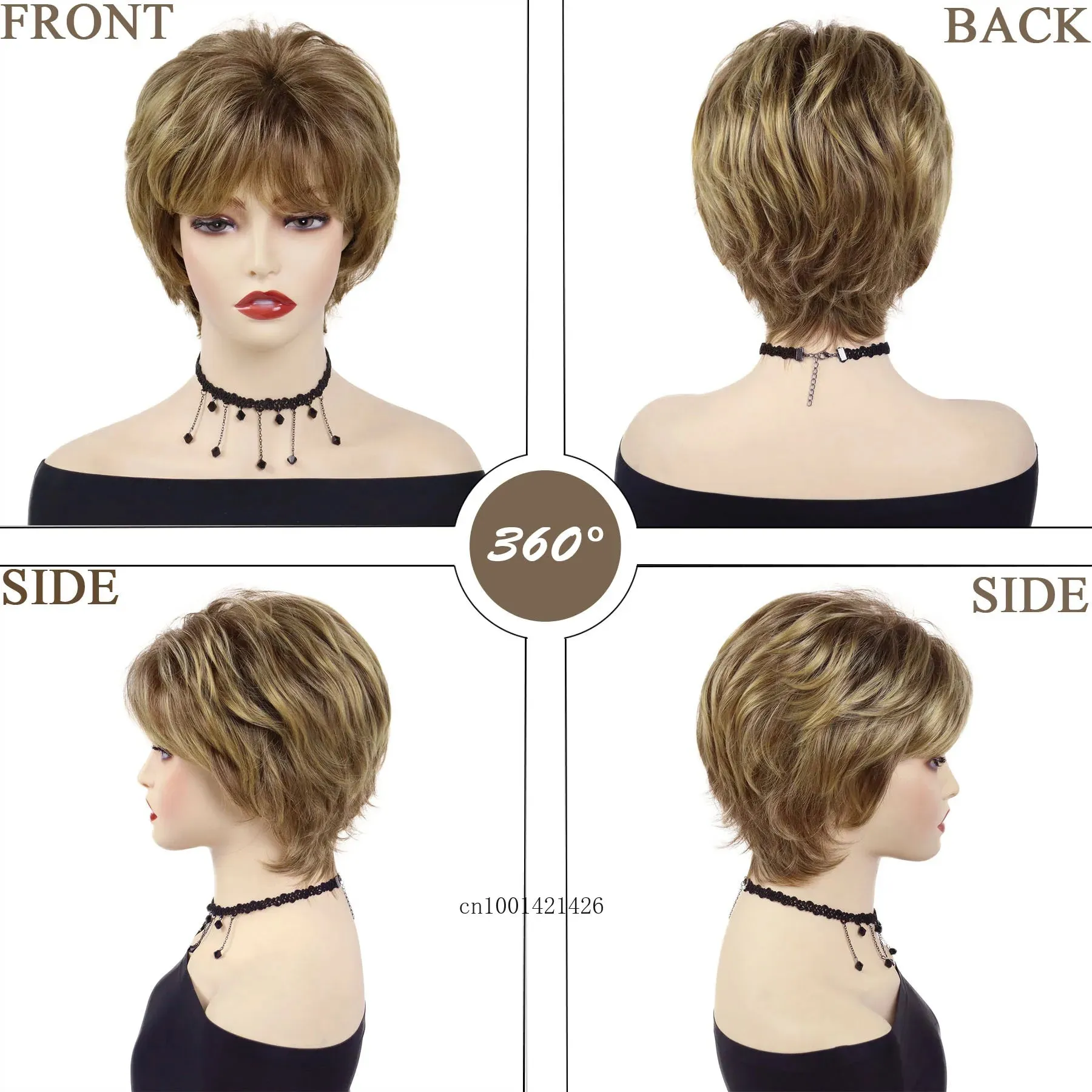 Short Wigs for Women Synthetic Hair Mix Brown Blonde Wig with Bangs Mommy Wigs Old Lady Costume Party Daily Use Cosplay Wigs
