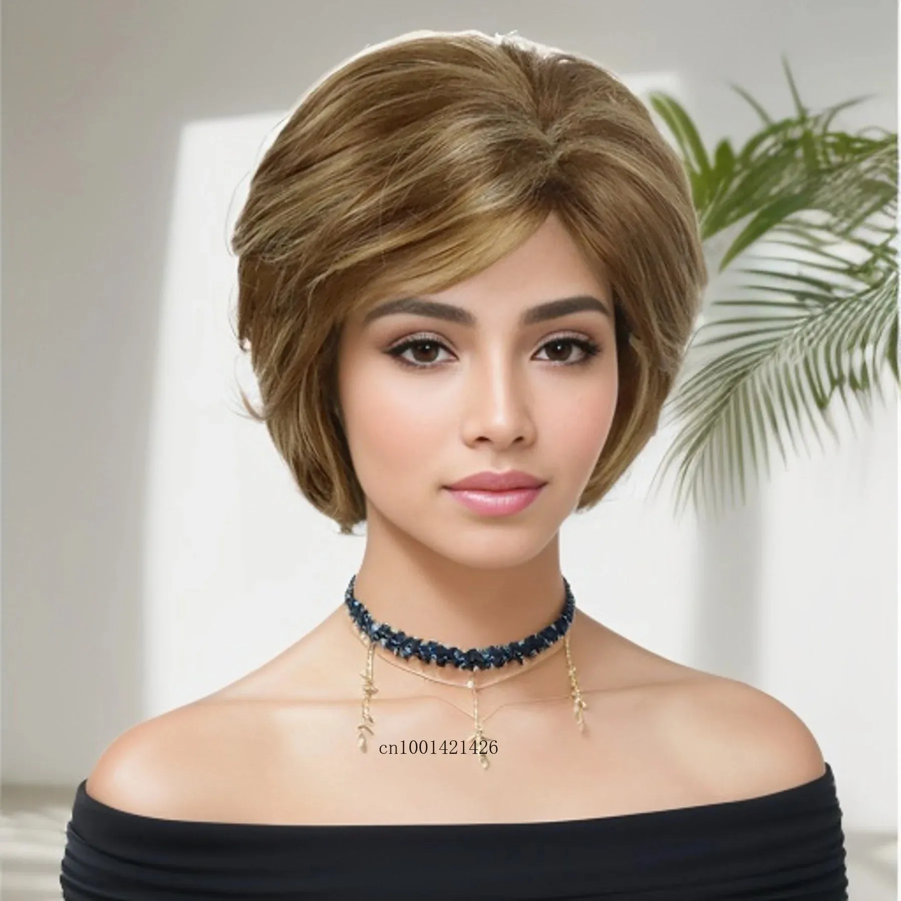 Short Wigs for Women Synthetic Hair Mix Brown Blonde Wig with Bangs Mommy Wigs Old Lady Costume Party Daily Use Cosplay Wigs