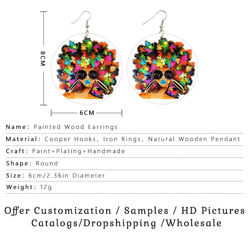 SOMESOOR Afro Natural Hair Painted Wood Drop Earrings