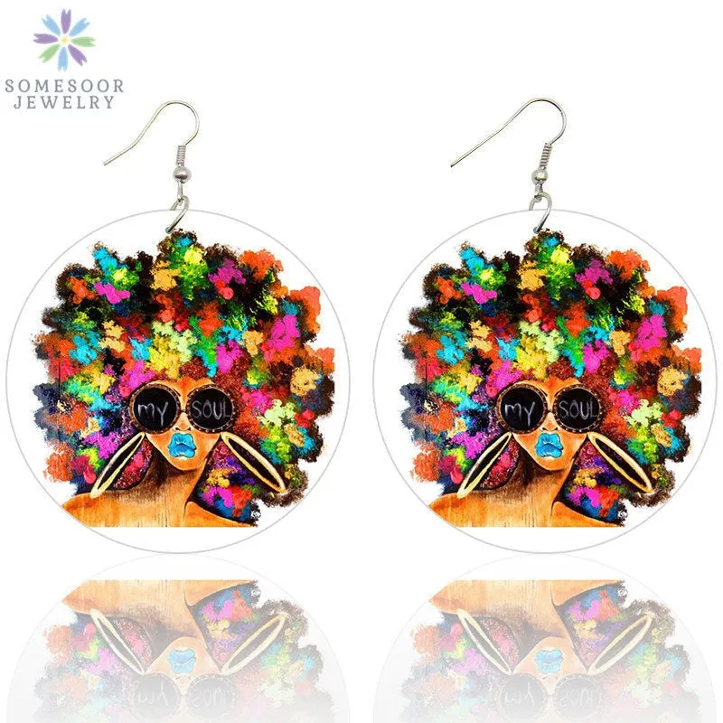 SOMESOOR Afro Natural Hair Painted Wood Drop Earrings