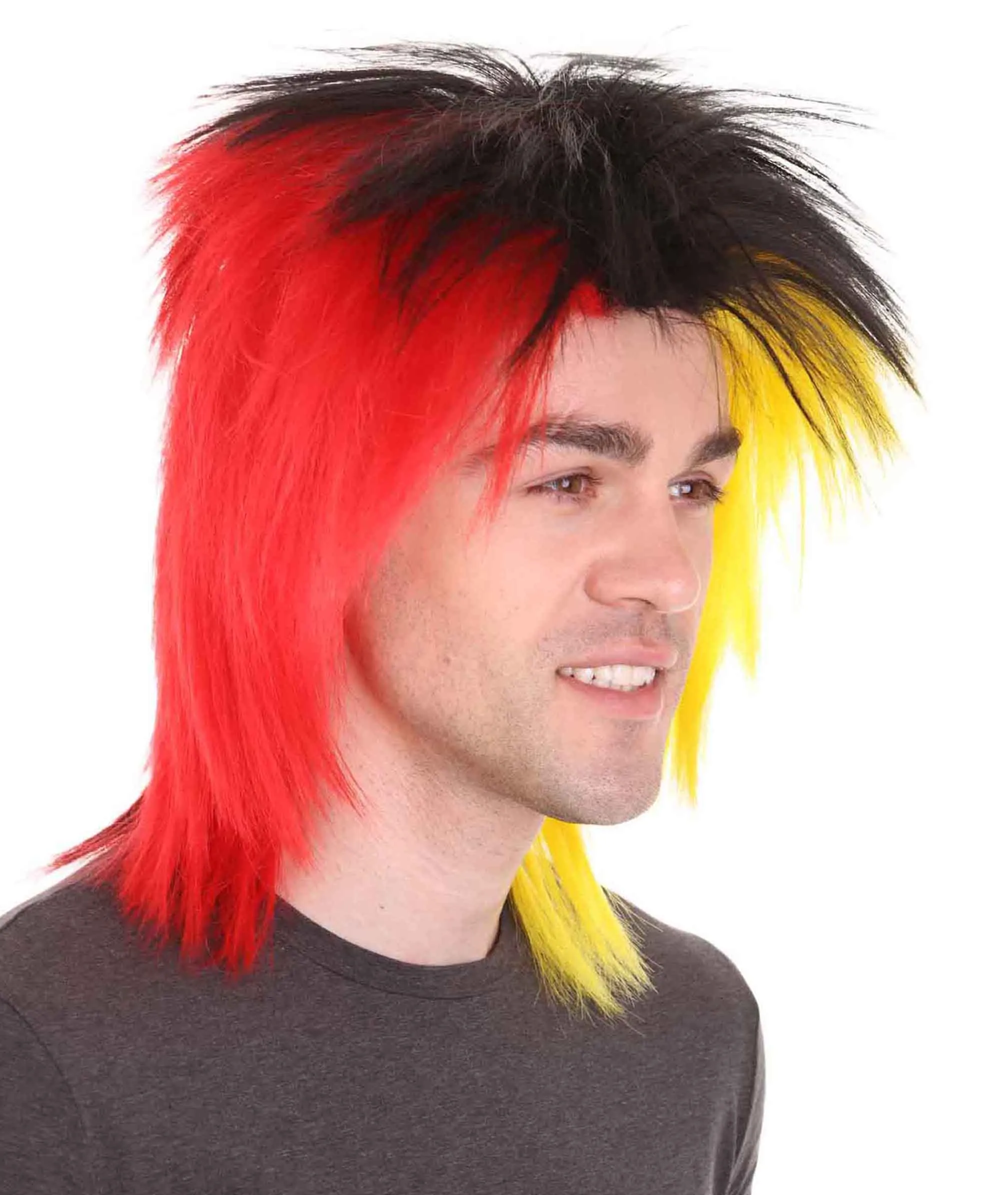 Sport Party 80's Mens Mullet Wig | Red Yellow Black Wig | Premium Breathable Capless Cap
