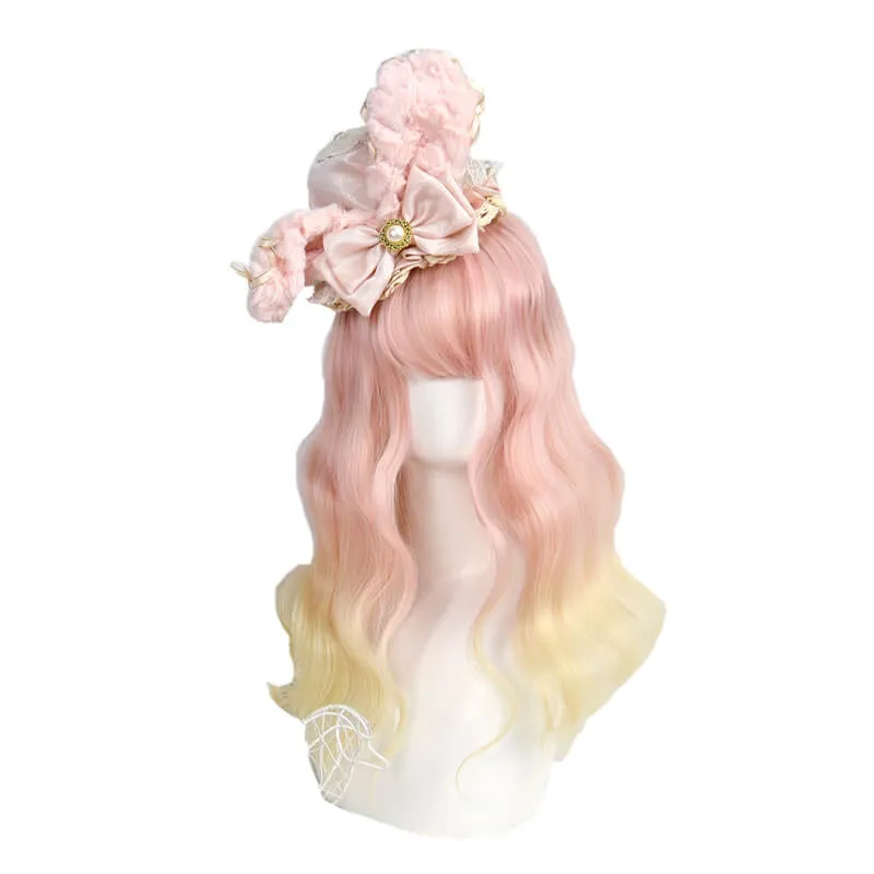 Sweet Air Bangs Pink Blond Wool-Curly Hair Wig