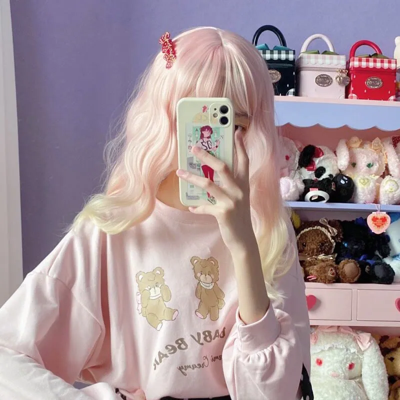 Sweet Air Bangs Pink Blond Wool-Curly Hair Wig
