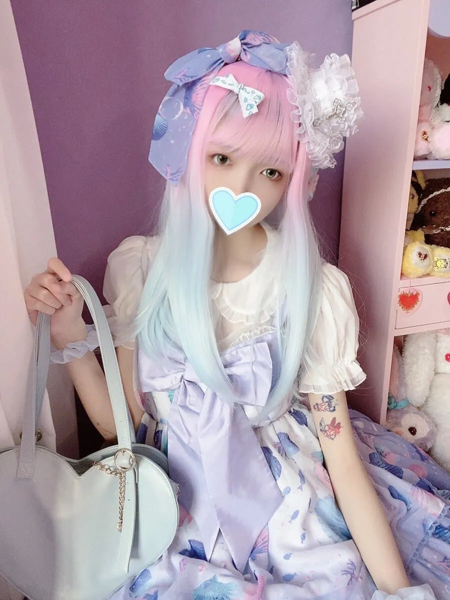 Sweet Macaron Pink Blue Gradient Straight Wig