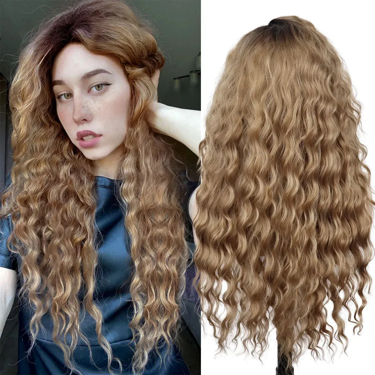 Synthetic Hair Long Curly Wavy Wigs for White Women Blonde Carnival Wig Natural Wave Cosplay Princess Halloween Costume Wig 26"