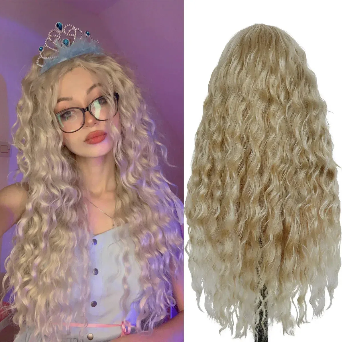 Synthetic Hair Long Curly Wavy Wigs for White Women Blonde Carnival Wig Natural Wave Cosplay Princess Halloween Costume Wig 26"