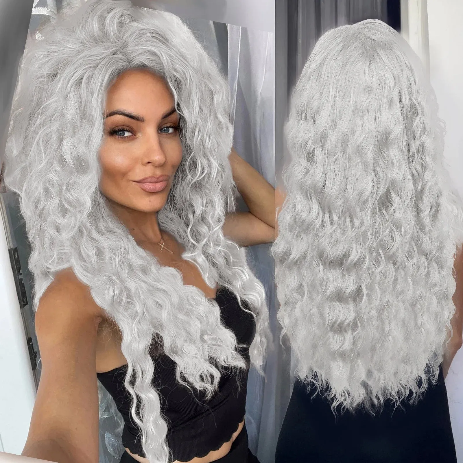 Synthetic Long Curly Wigs for White Women Ash Blonde Wig Natural Large Volume Wig Fluffy Hairstyle Costume Wedding Wig