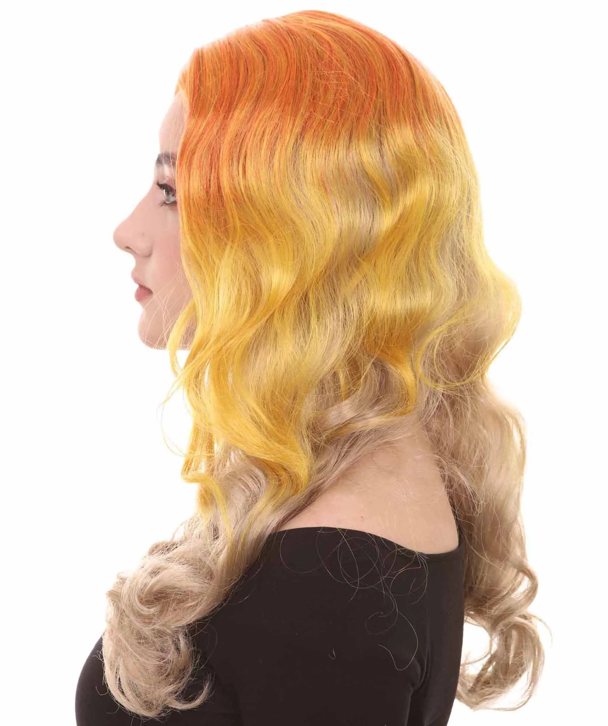 Two-Tone Long Wavy Orange Womens Wig | Sexy Cosplay Party Halloween Wig | Premium Breathable Capless Cap