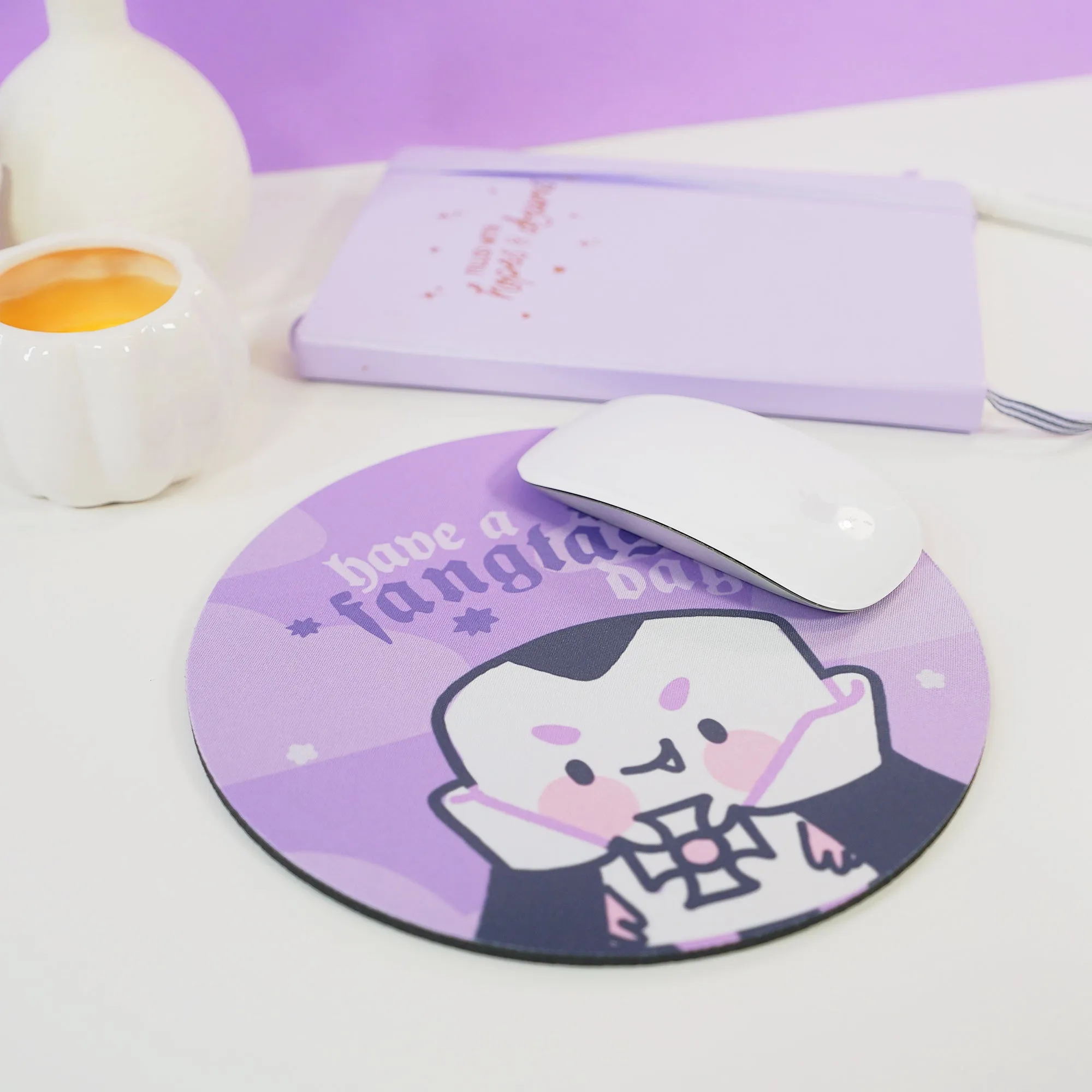 Vampire Marshie Kawaii Halloween Mouse Pad | Gothic Purple Desk Decor | “Have a Fangtastic Day” Spooky Cute Mat