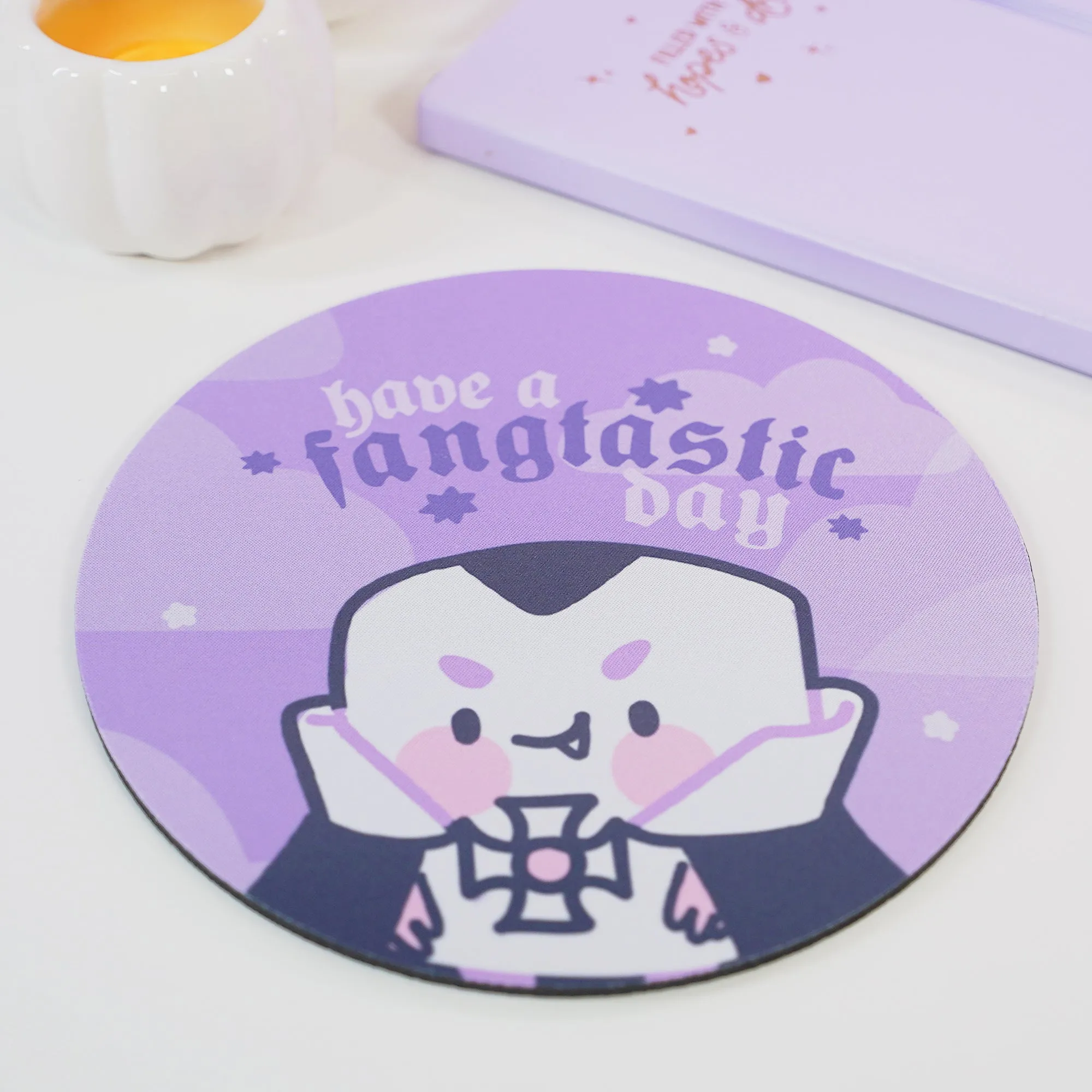 Vampire Marshie Kawaii Halloween Mouse Pad | Gothic Purple Desk Decor | “Have a Fangtastic Day” Spooky Cute Mat