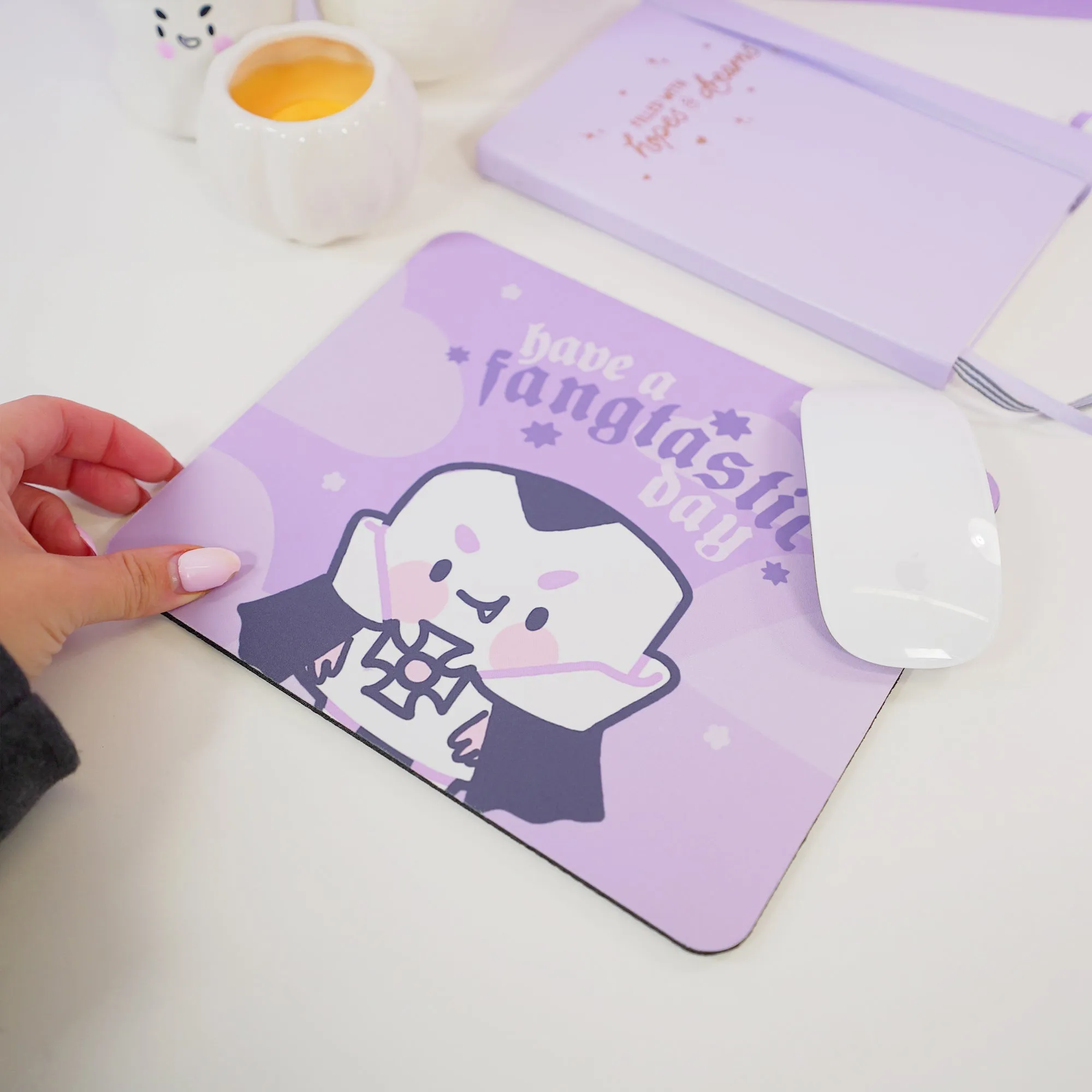 Vampire Marshie Kawaii Halloween Mouse Pad | Gothic Purple Desk Decor | “Have a Fangtastic Day” Spooky Cute Mat