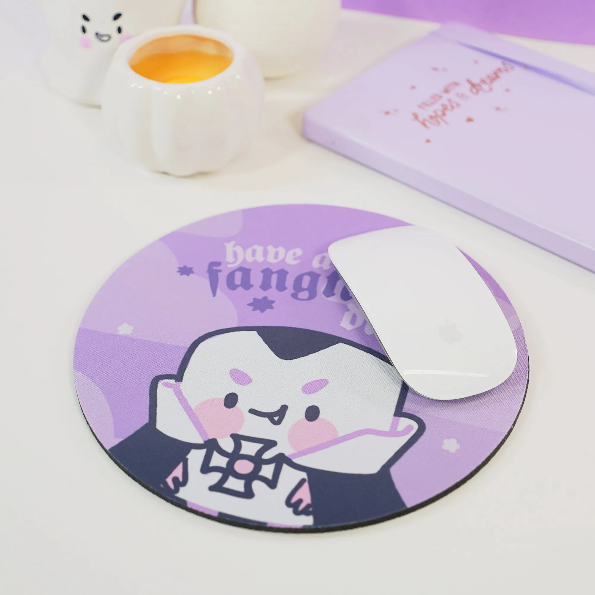 Vampire Marshie Kawaii Halloween Mouse Pad | Gothic Purple Desk Decor | “Have a Fangtastic Day” Spooky Cute Mat