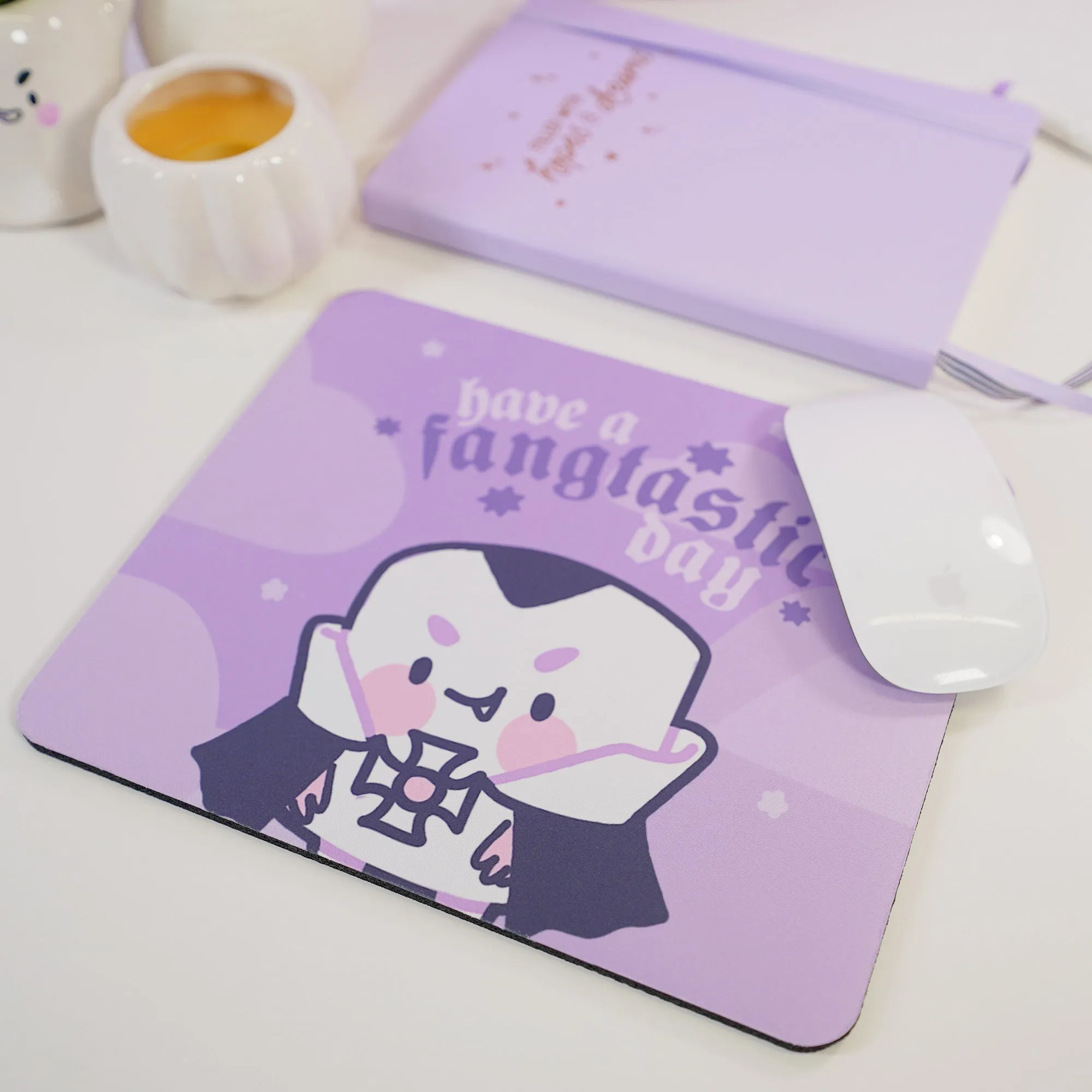 Vampire Marshie Kawaii Halloween Mouse Pad | Gothic Purple Desk Decor | “Have a Fangtastic Day” Spooky Cute Mat