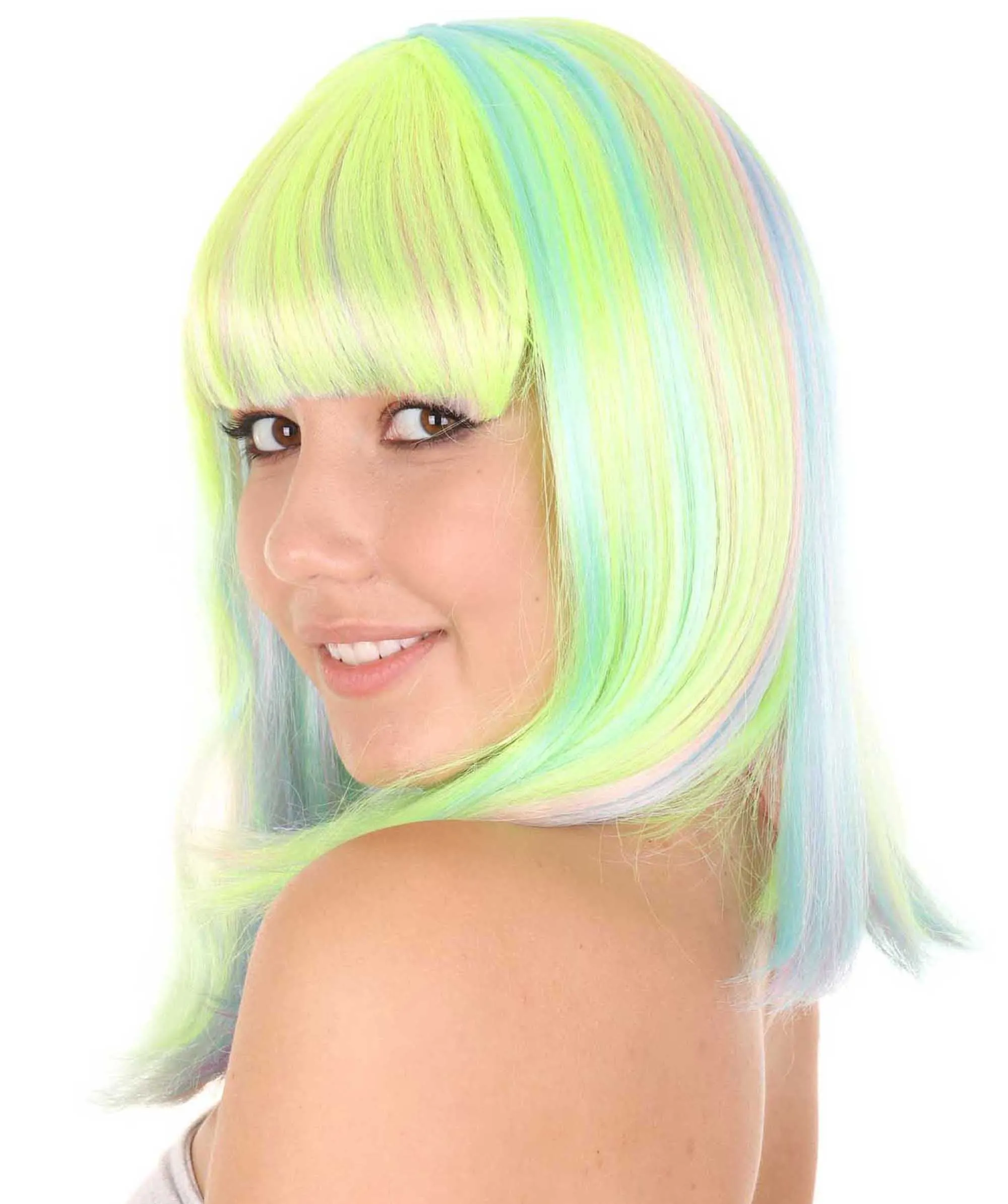 Womens Bob Wig | Medium Green Yellow Party Ready Fancy Cosplay Halloween Wig | Premium Breathable Capless Cap