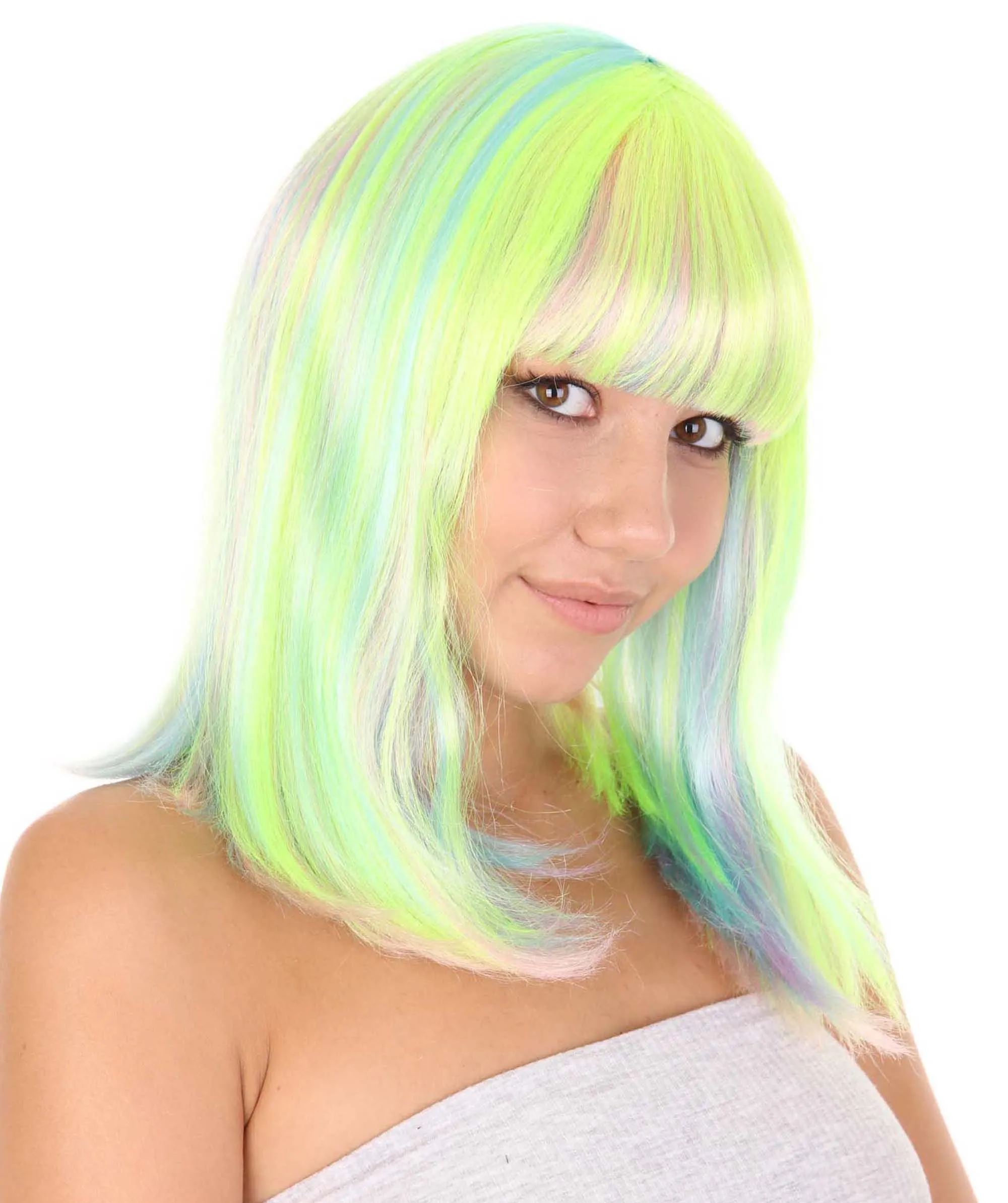 Womens Bob Wig | Medium Green Yellow Party Ready Fancy Cosplay Halloween Wig | Premium Breathable Capless Cap