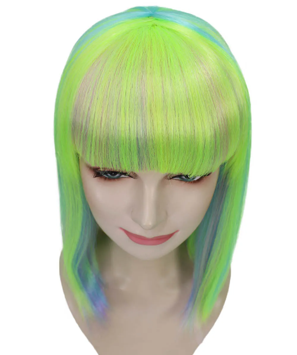 Womens Bob Wig | Medium Green Yellow Party Ready Fancy Cosplay Halloween Wig | Premium Breathable Capless Cap