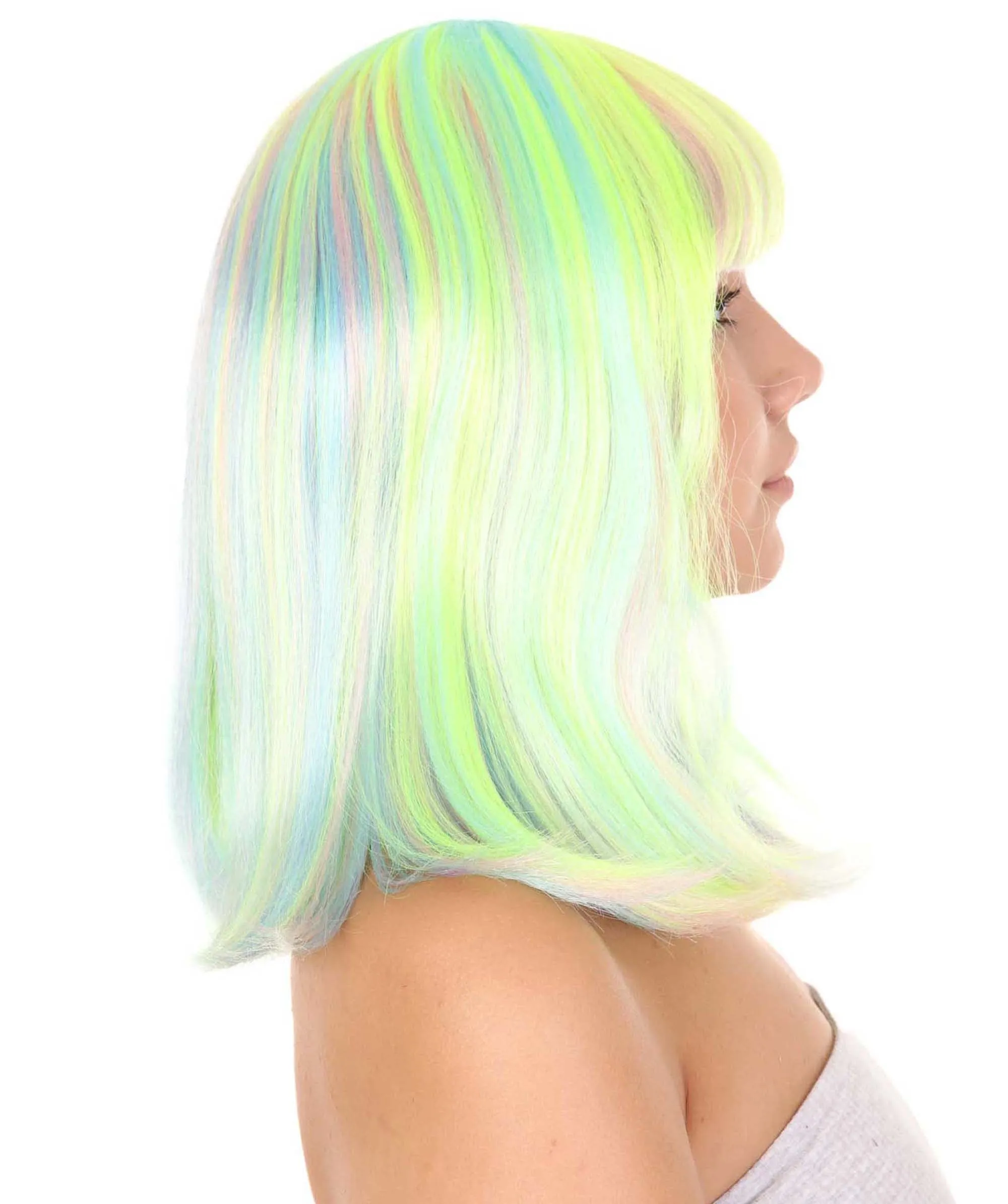 Womens Bob Wig | Medium Green Yellow Party Ready Fancy Cosplay Halloween Wig | Premium Breathable Capless Cap