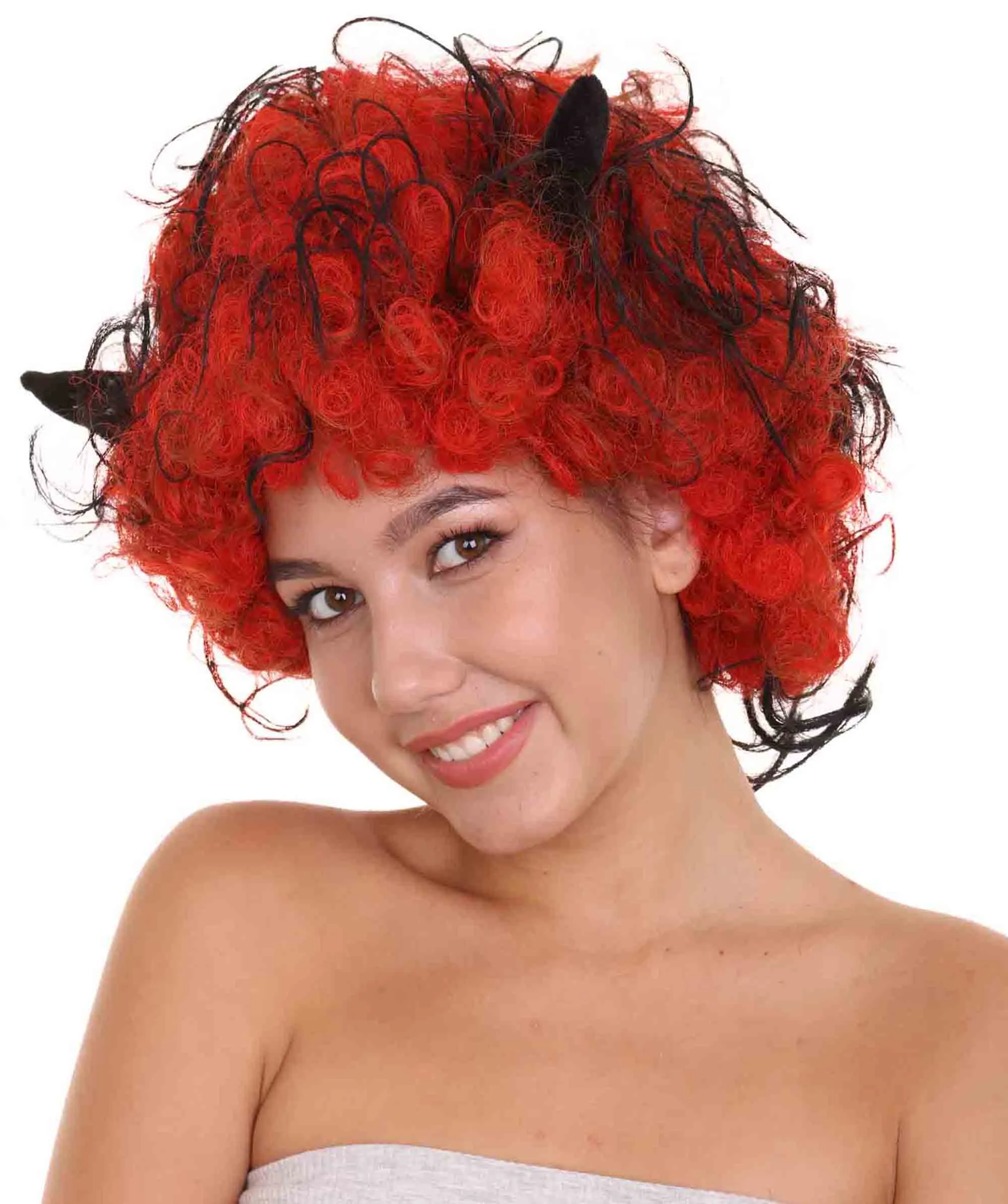 Women's Devil Wig with Horns | Jumbo Super Size Afro Almost Red Halloween Wigs | Premium Breathable Capless Cap
