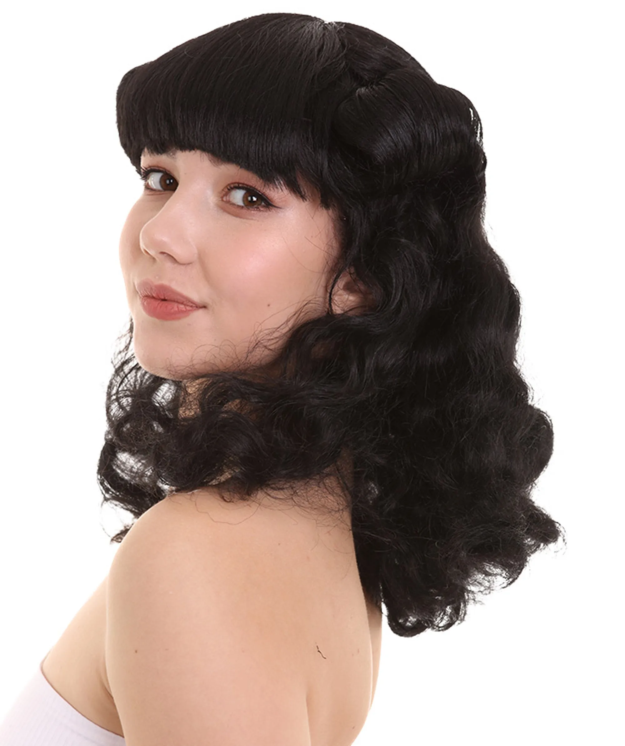Womens Drag Pin Up Wig , Black Celebrity Wigs , Premium Breathable Capless Cap