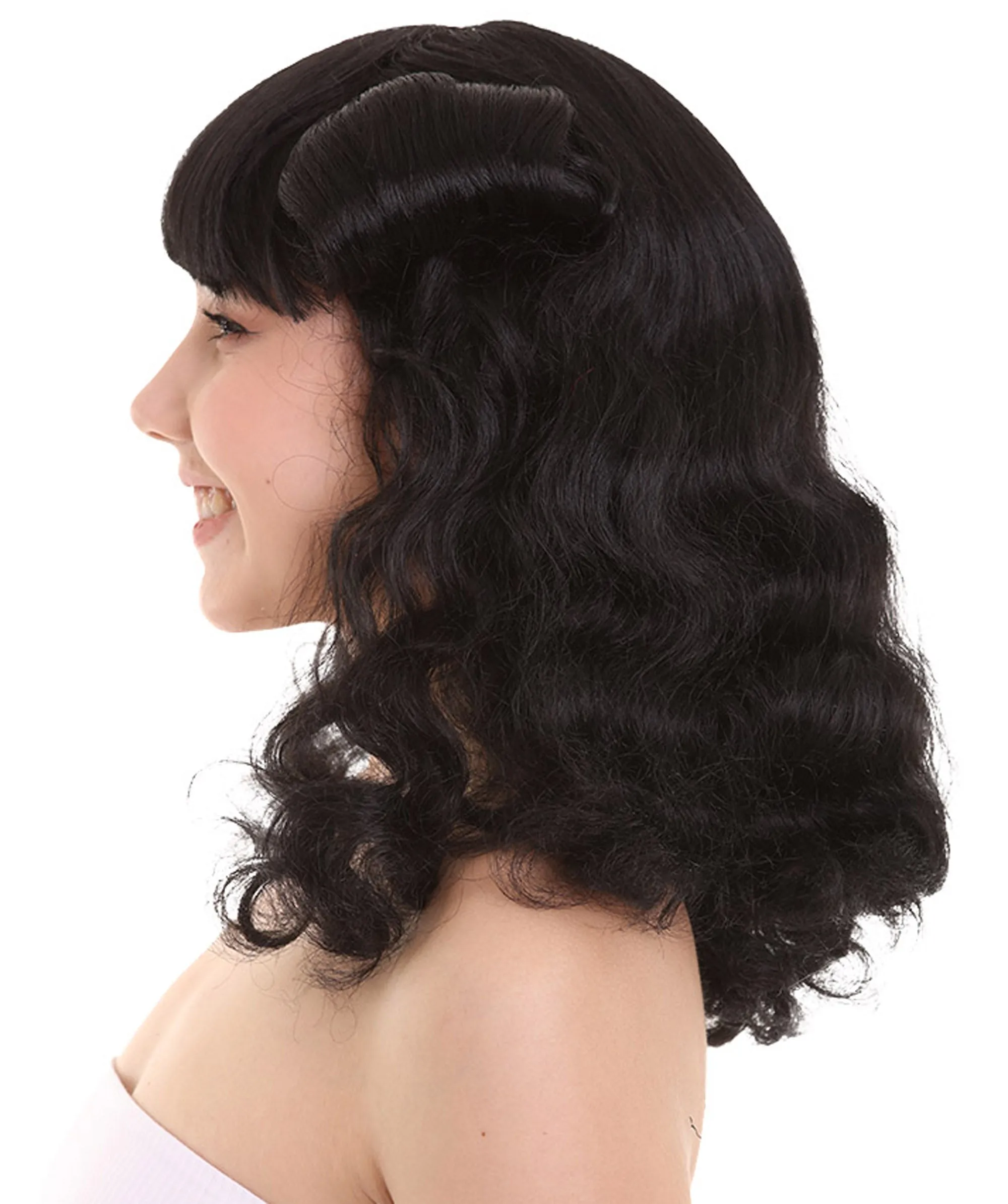 Womens Drag Pin Up Wig , Black Celebrity Wigs , Premium Breathable Capless Cap