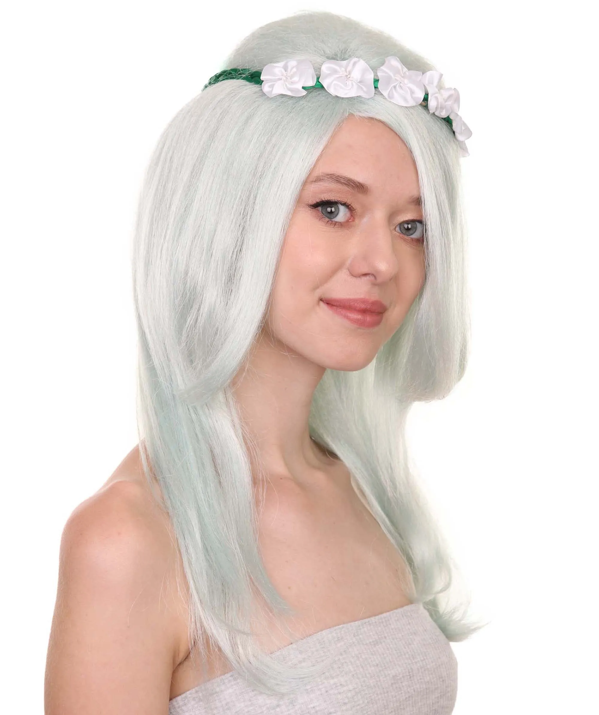 Womens Floral Fantasy Lt Green Wig with Flower Crown | Storybook & Fairytale Wigs | Premium Breathable Capless Cap