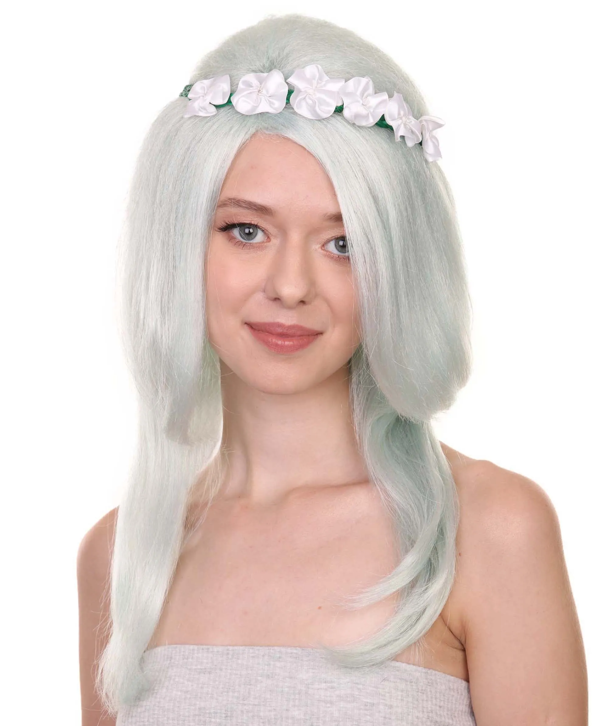 Womens Floral Fantasy Lt Green Wig with Flower Crown | Storybook & Fairytale Wigs | Premium Breathable Capless Cap