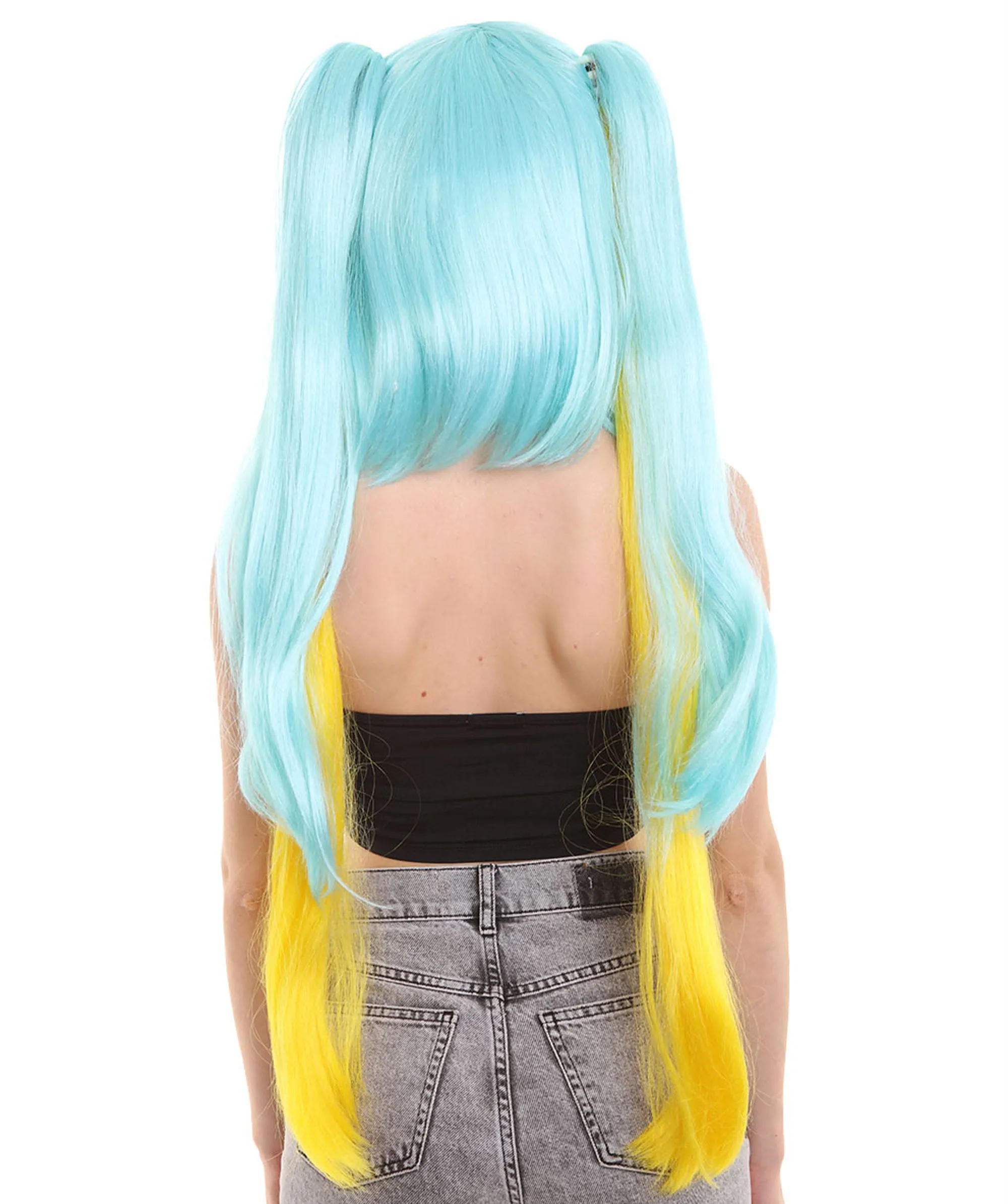 Womens Gaming Cosplay Wig , Blue & Yellow Video Game Wigs , Premium Breathable Capless Cap