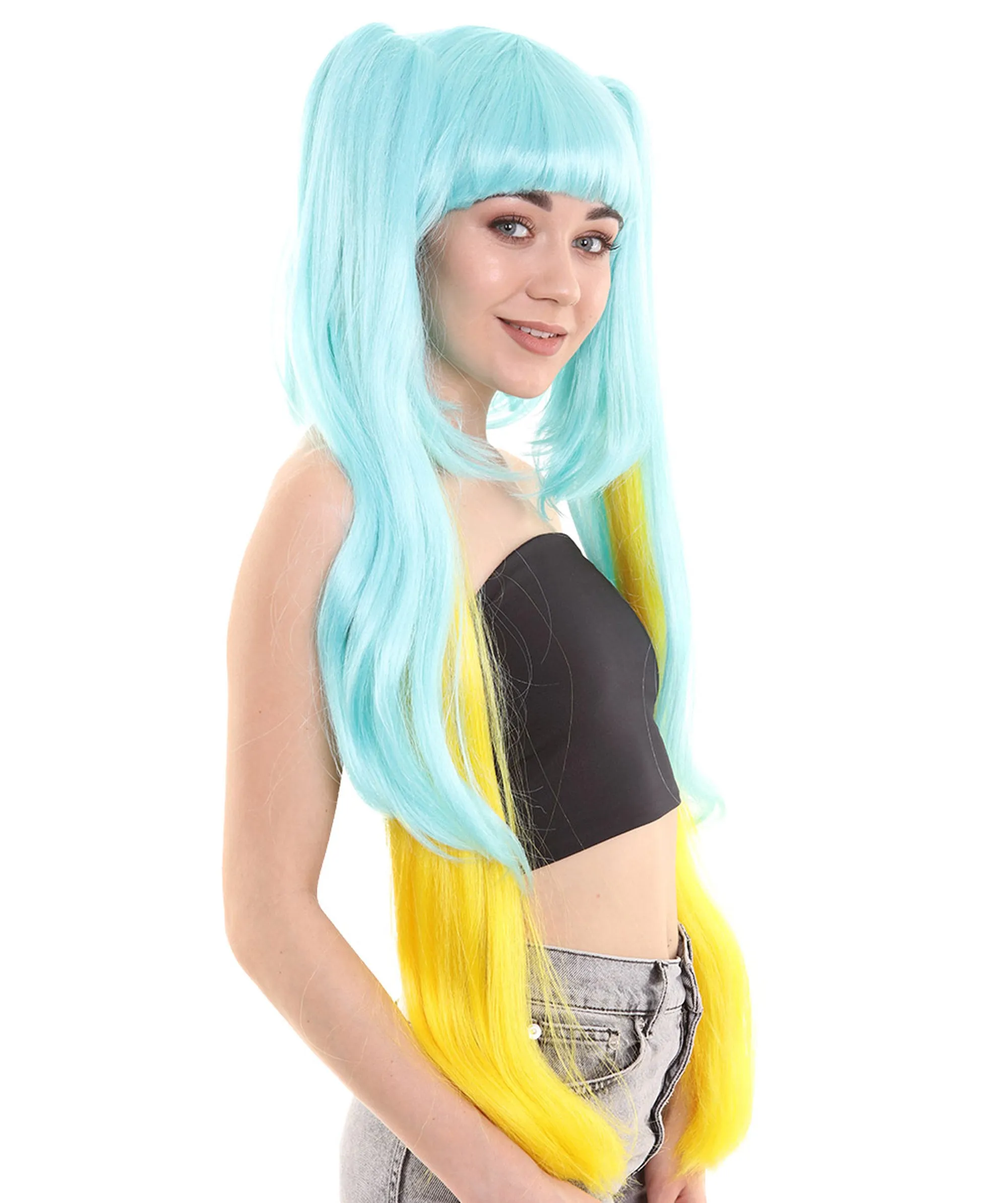 Womens Gaming Cosplay Wig , Blue & Yellow Video Game Wigs , Premium Breathable Capless Cap