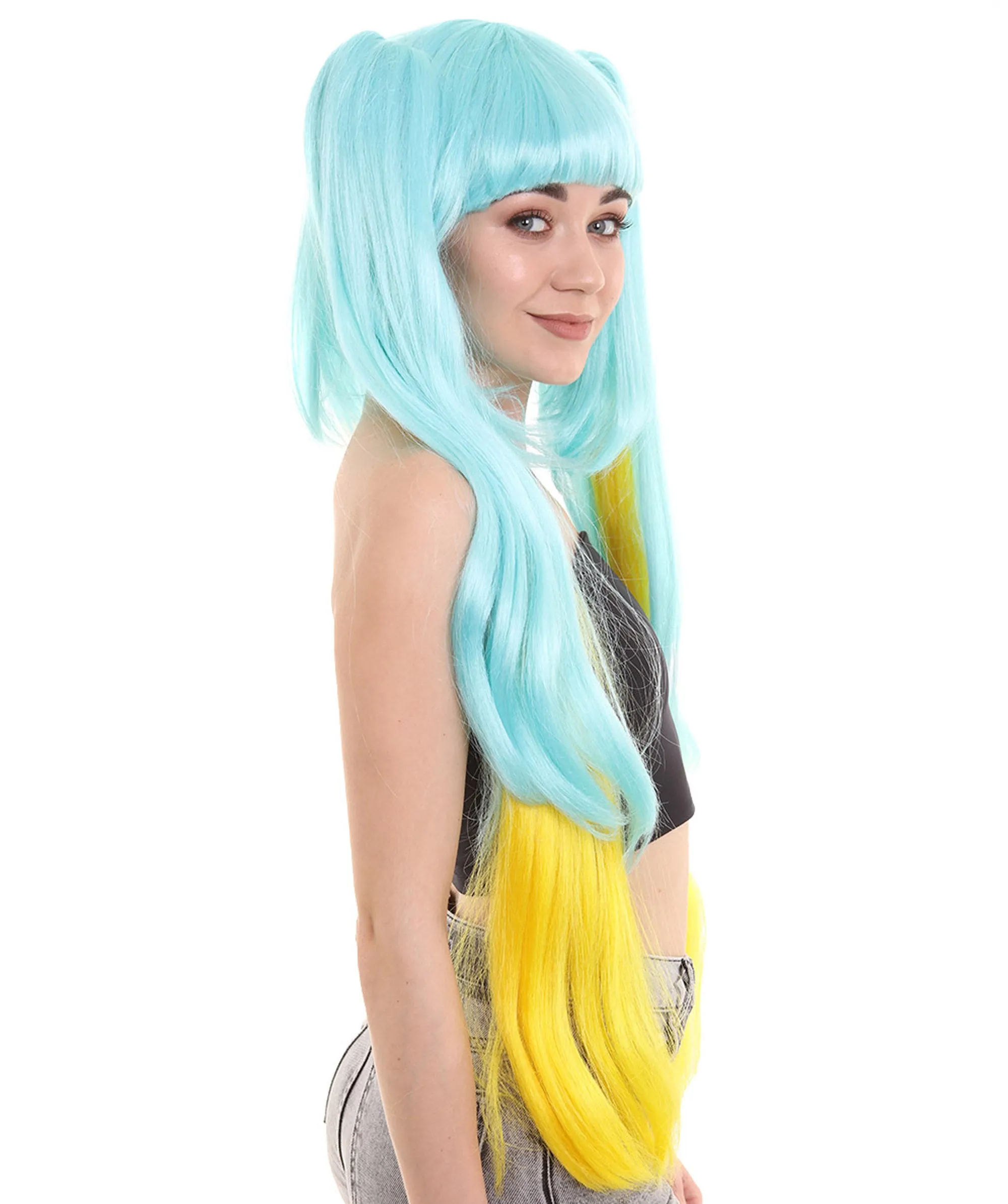 Womens Gaming Cosplay Wig , Blue & Yellow Video Game Wigs , Premium Breathable Capless Cap