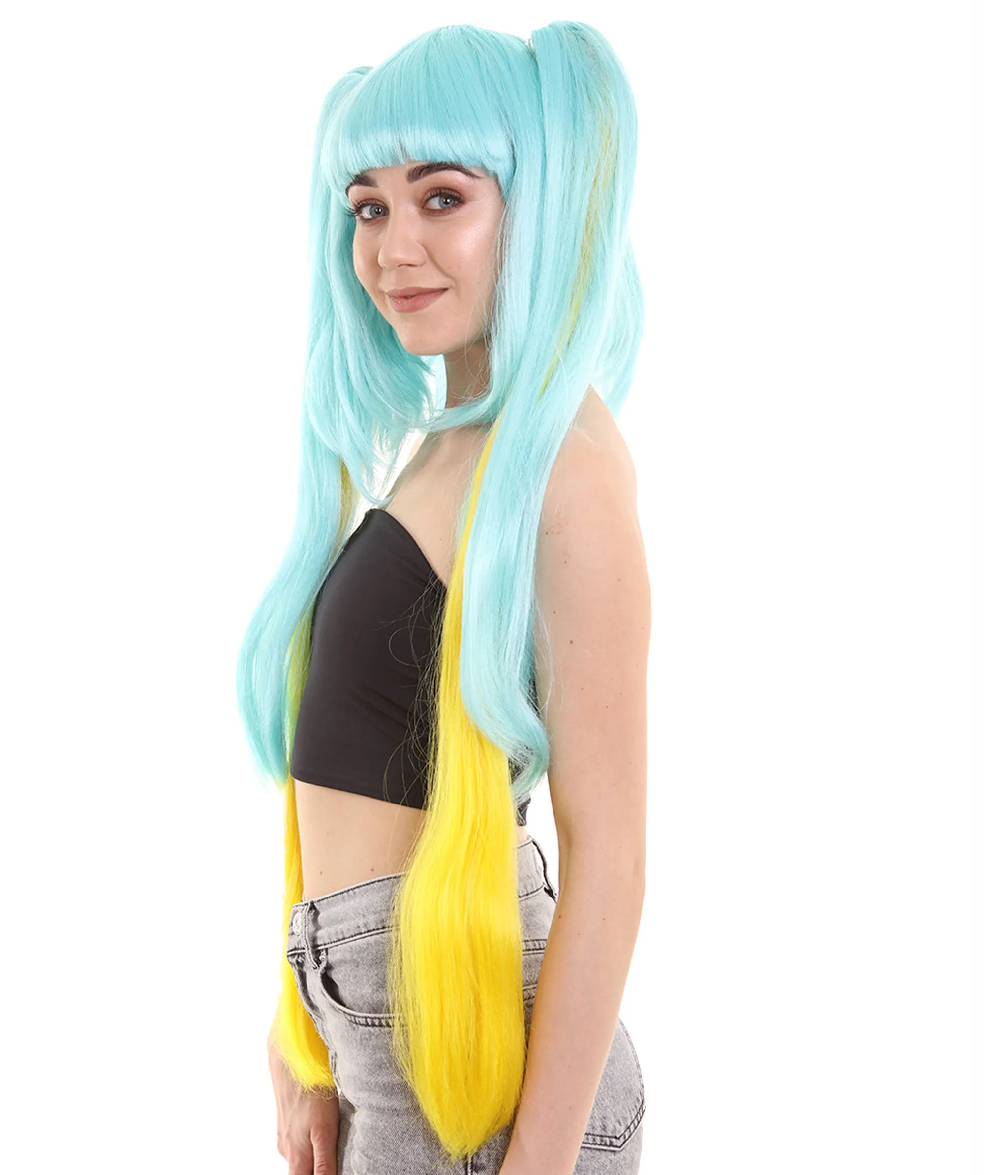 Womens Gaming Cosplay Wig , Blue & Yellow Video Game Wigs , Premium Breathable Capless Cap
