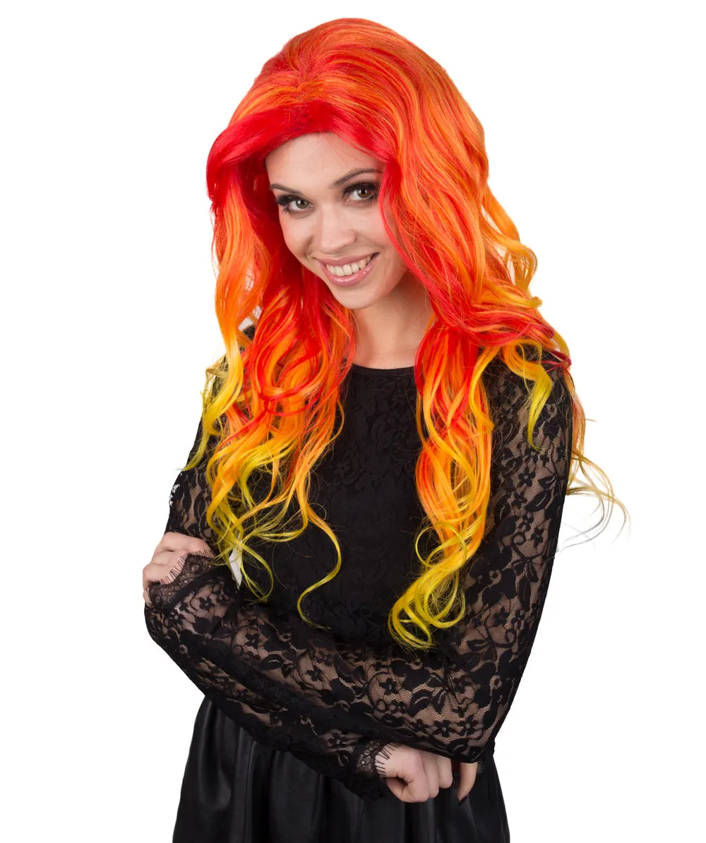Women's Red and Yellow Color Wavy Long Length Trendy Flaming Beauty Wig
