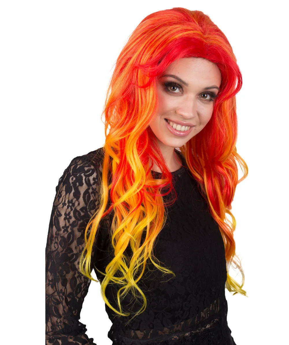 Women's Red and Yellow Color Wavy Long Length Trendy Flaming Beauty Wig